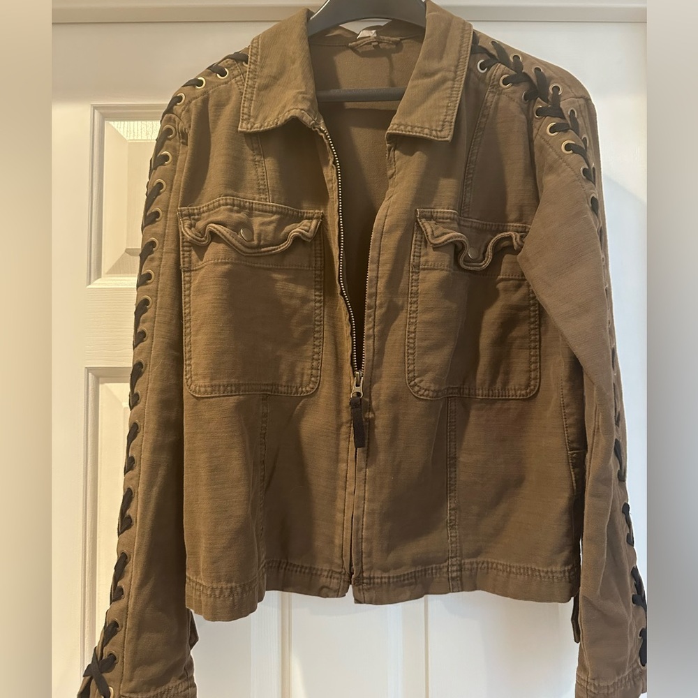 Free People Utility Jacket in Brown with Black Lace-Up Detail